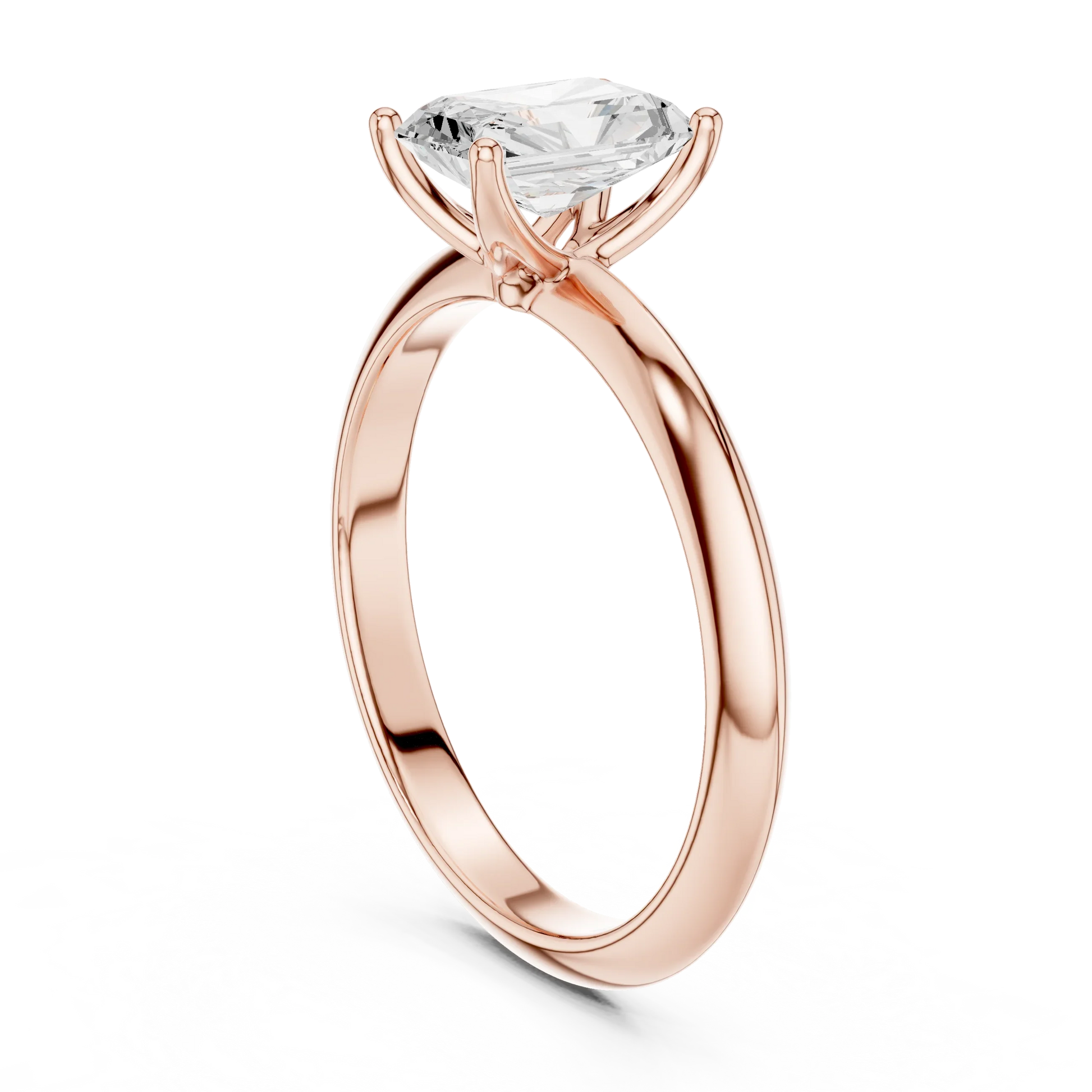 Back side view of rose gold radiant diamond solitaire ring, detailing band and setting