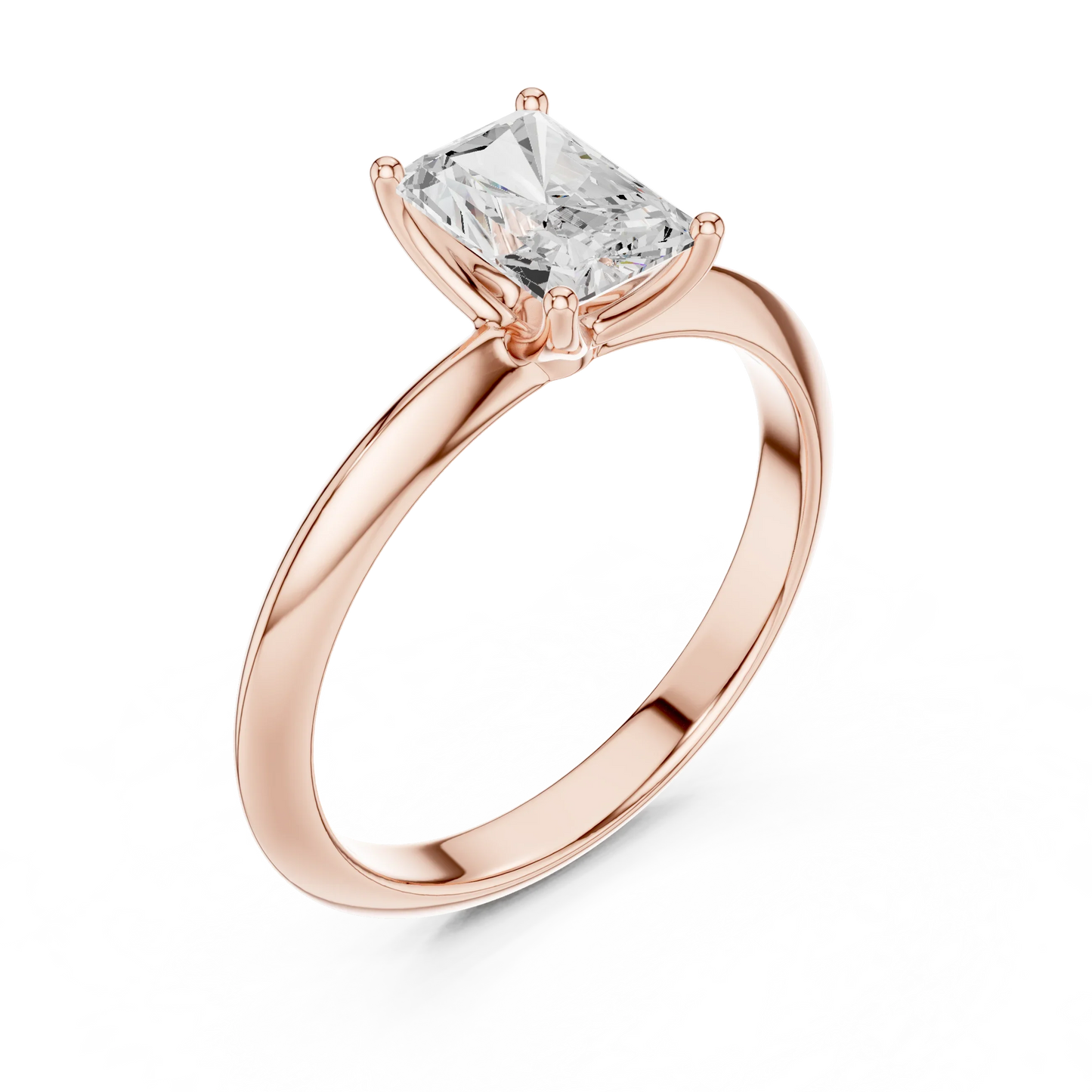 Front view of rose gold radiant diamond solitaire ring, showcasing gemstone brilliance
