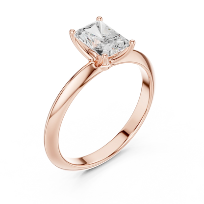 Front view of rose gold radiant diamond solitaire ring, showcasing gemstone brilliance