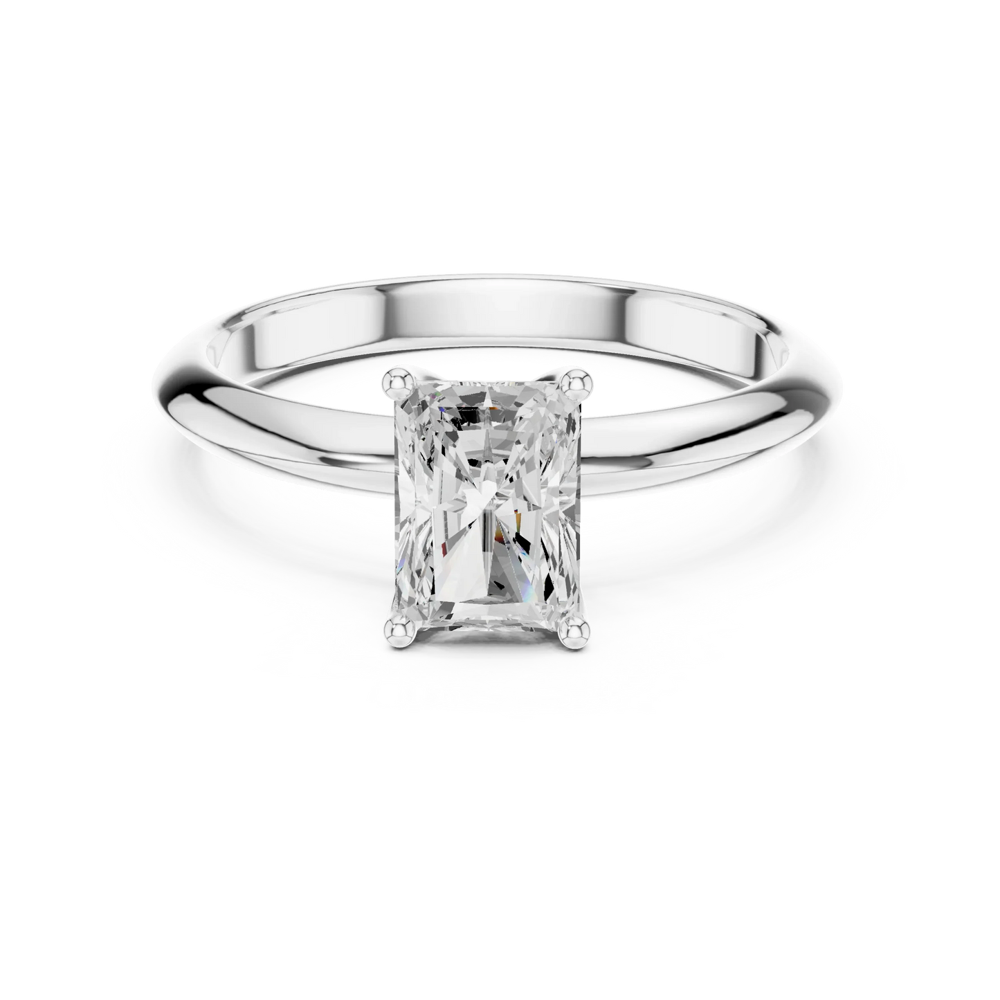 Lab-grown radiant cut diamond solitaire ring in white gold, elegant top view.