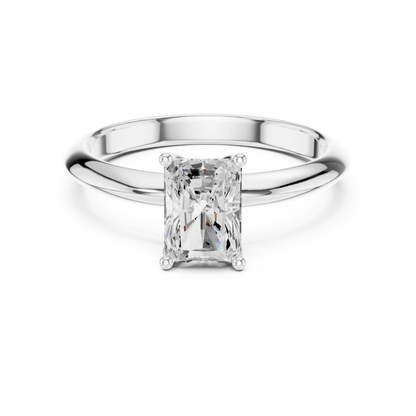 Lab-grown radiant cut diamond solitaire ring in white gold, elegant top view.