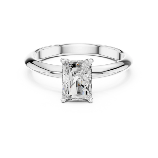 Lab-grown radiant cut diamond solitaire ring in white gold, elegant top view.