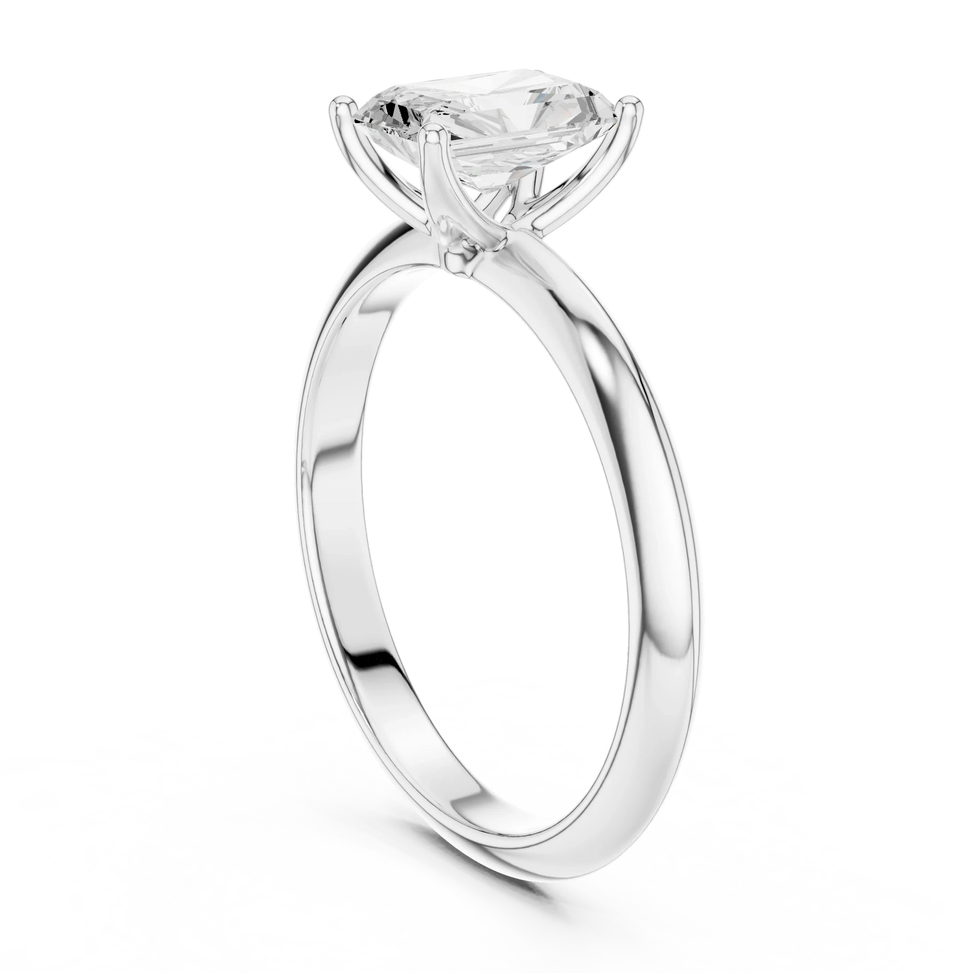 Back side view of white gold radiant diamond solitaire ring, showing band and setting
