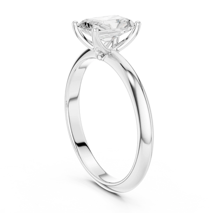Back side view of white gold radiant diamond solitaire ring, showing band and setting