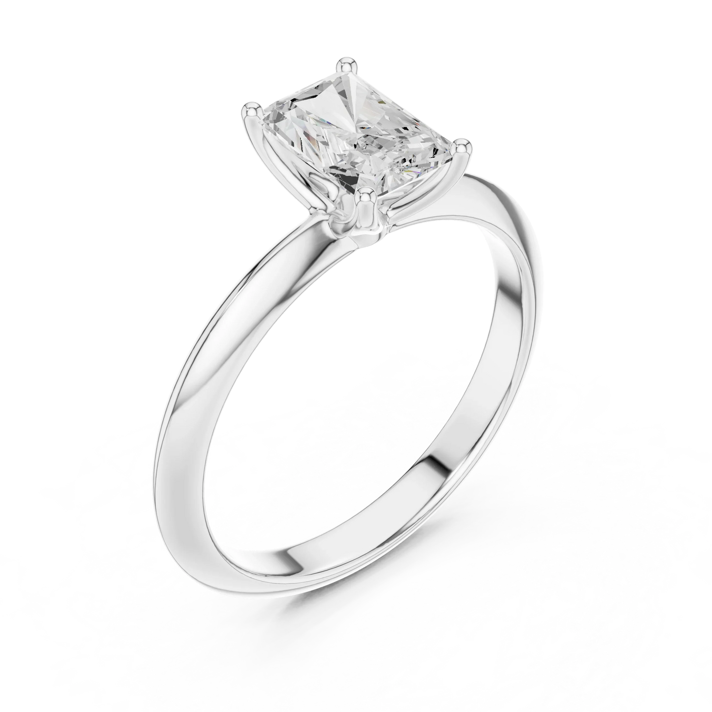 Front view of white gold radiant cut diamond solitaire ring, showcasing center stone