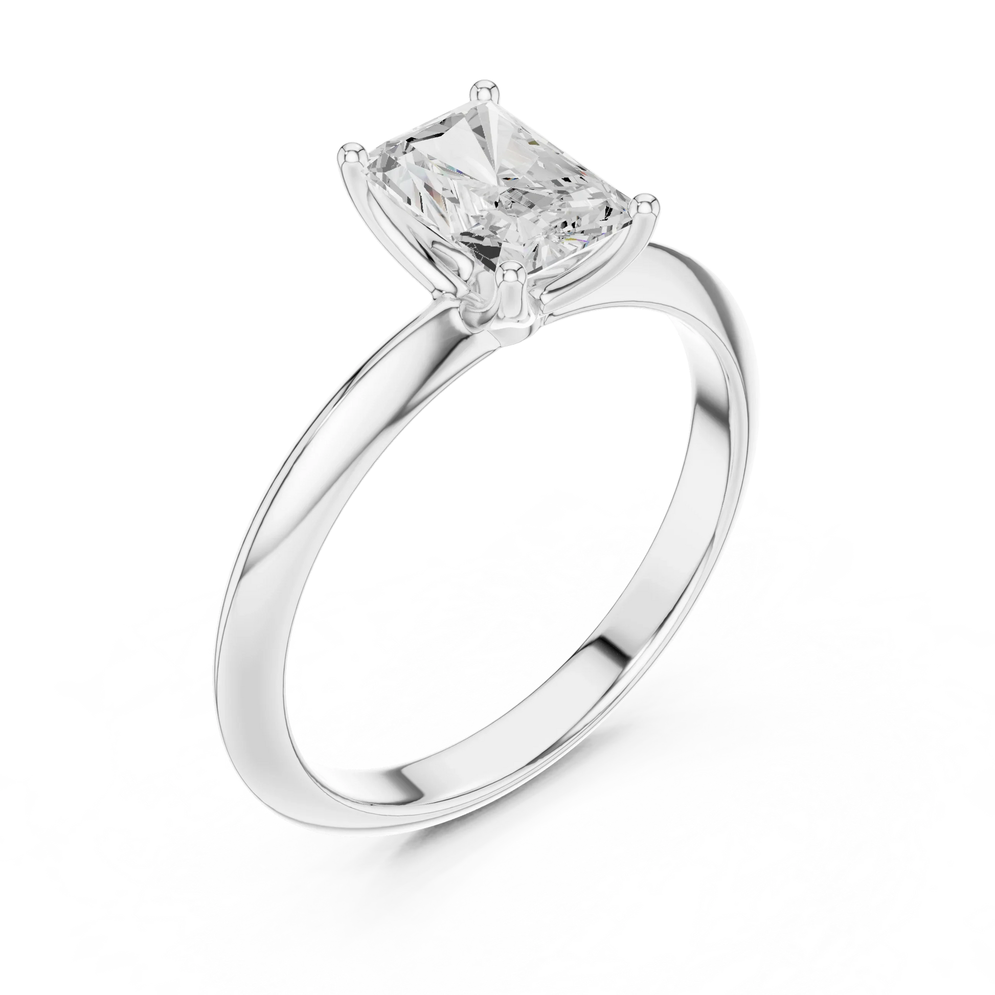 Front view of white gold radiant cut diamond solitaire ring, showcasing center stone