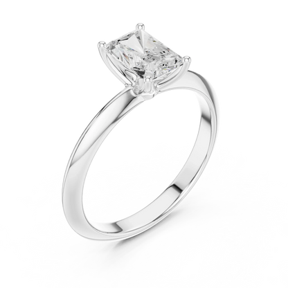 Front view of white gold radiant cut diamond solitaire ring, showcasing center stone