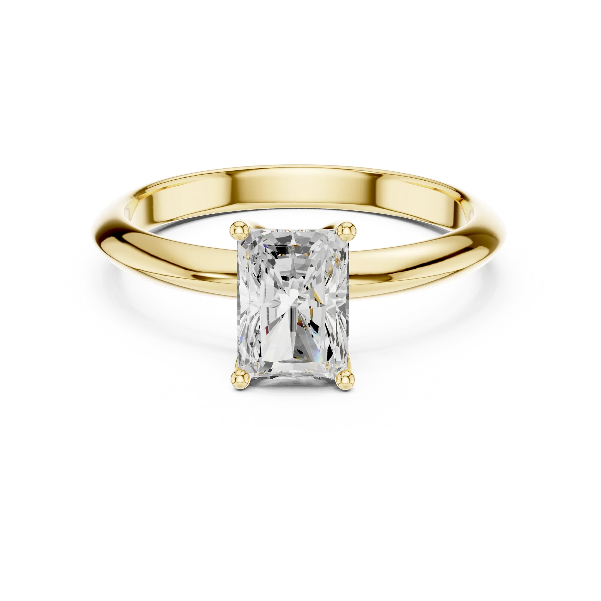 Lab-grown radiant cut diamond solitaire ring in yellow gold, classic top view