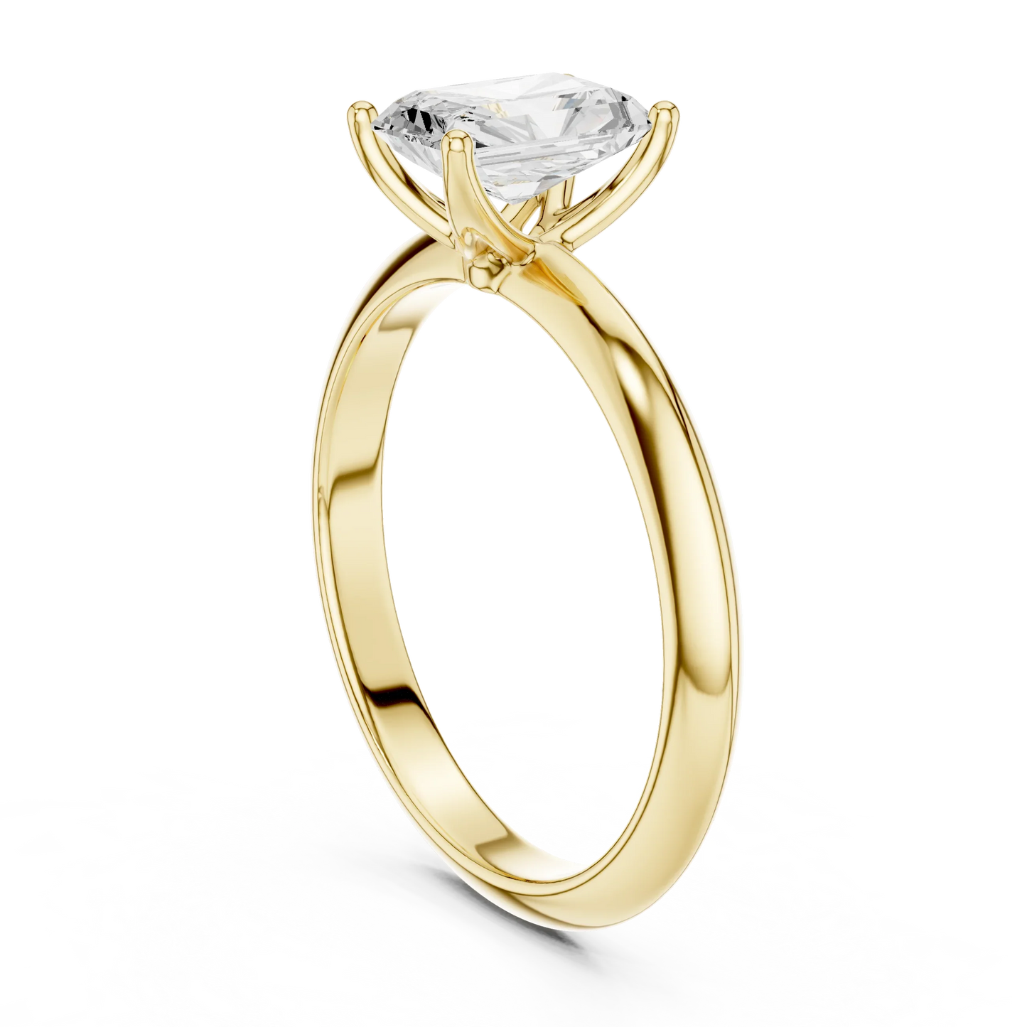 Back side view of yellow gold radiant diamond solitaire ring, showing band structure