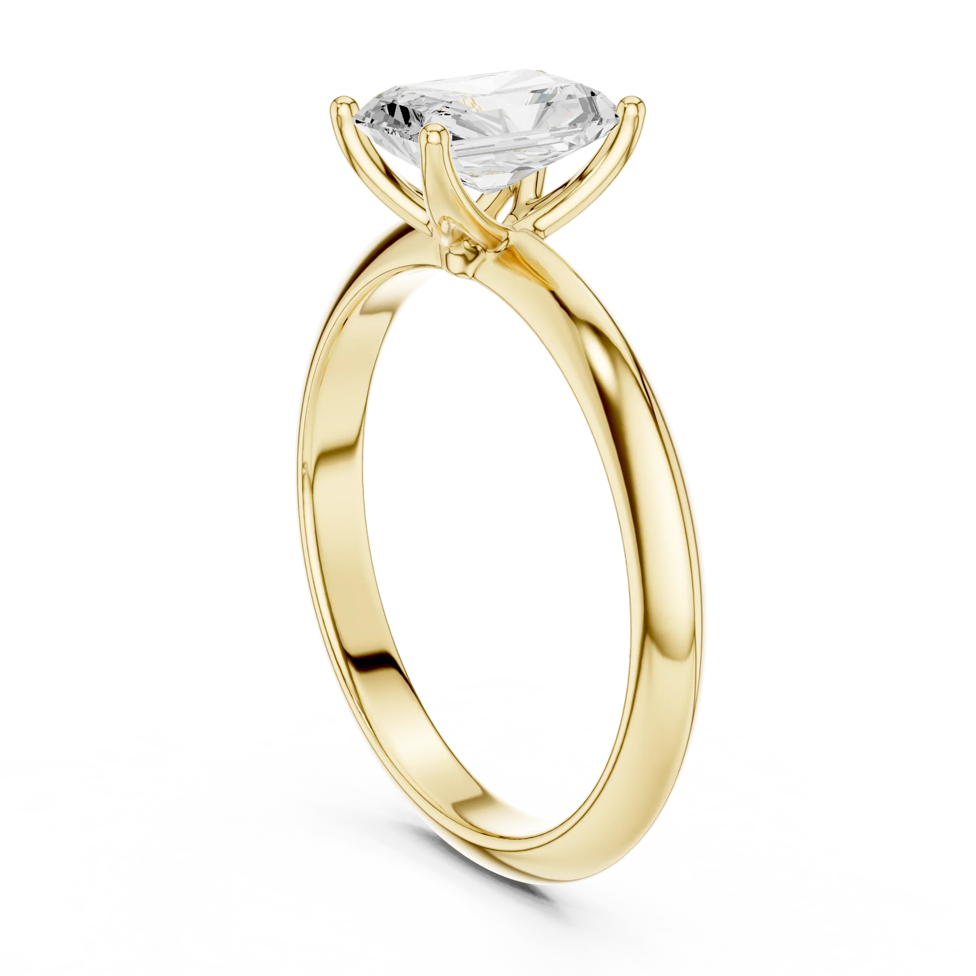 Back side view of yellow gold radiant diamond solitaire ring, showing band structure