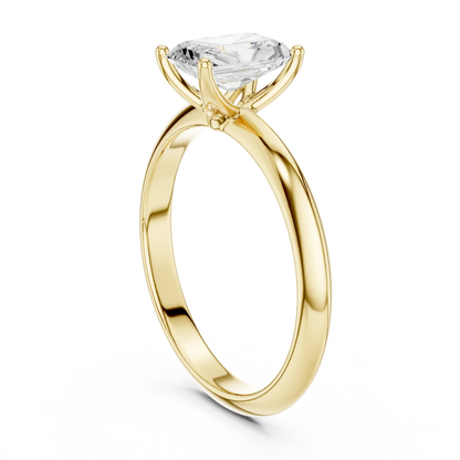 Back side view of yellow gold radiant diamond solitaire ring, showing band structure