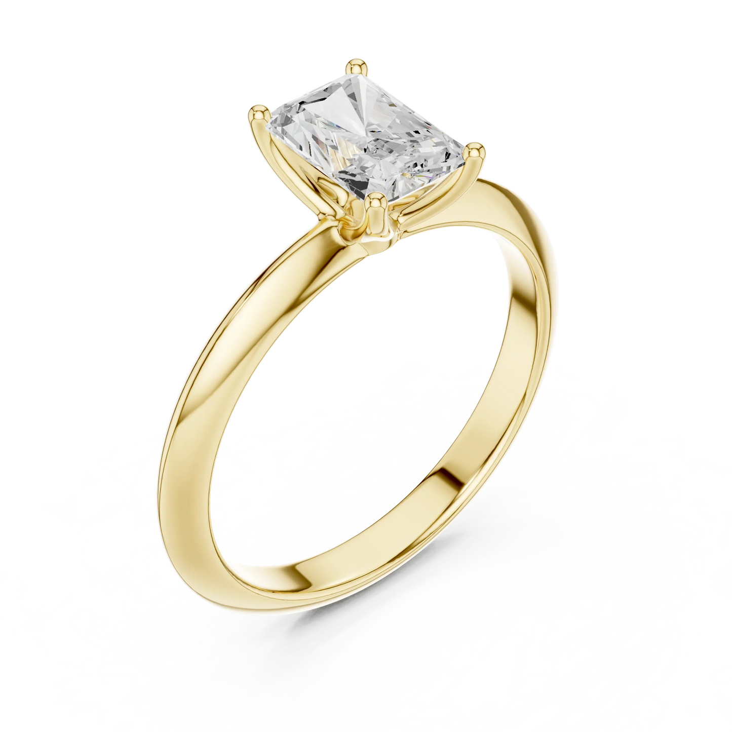 Front view of yellow gold radiant diamond solitaire ring, emphasizing brilliance
