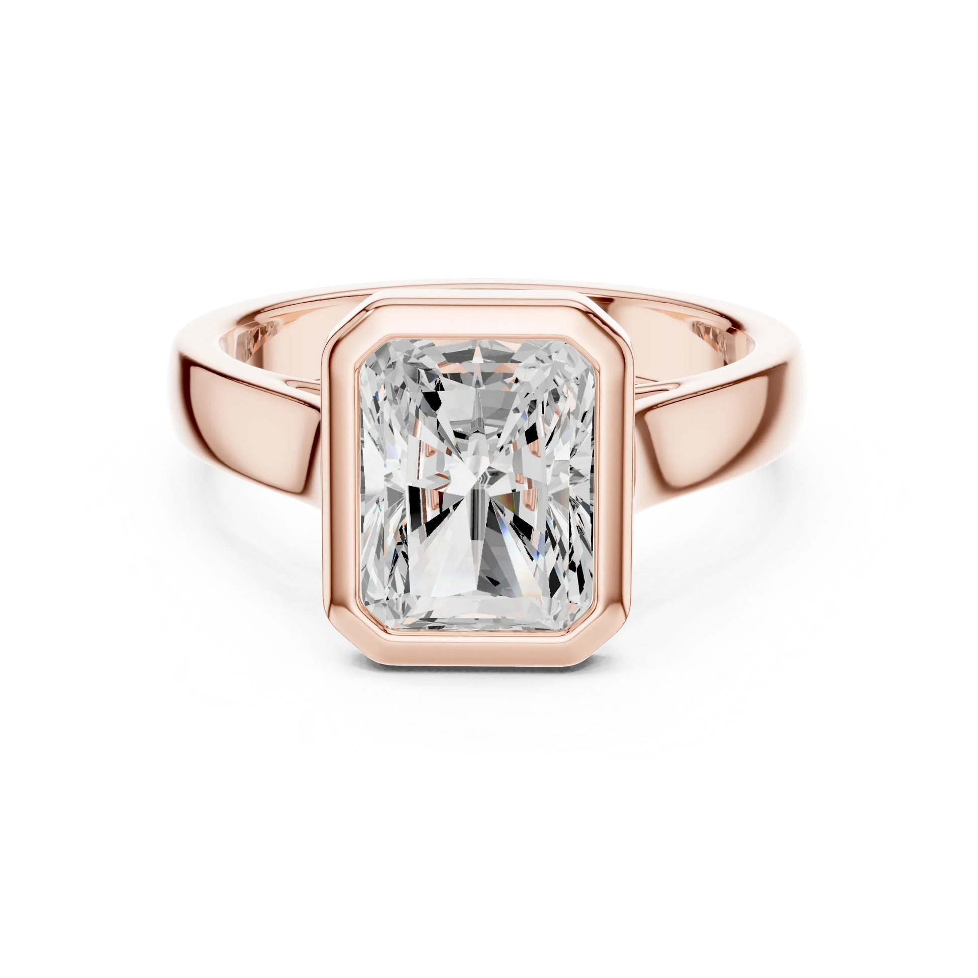 Radiant full bezel solitaire ring in rose gold with wide flat band and lab-grown diamond – Australia