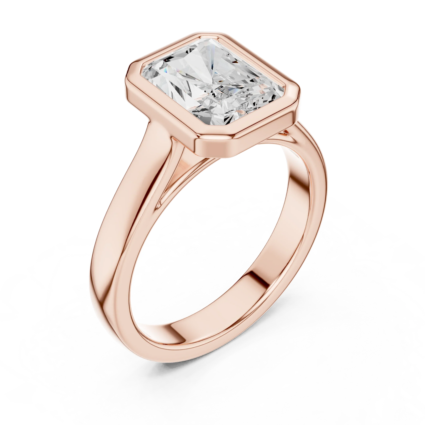 Front view of rose gold radiant full bezel solitaire ring with wide flat band and lab-grown diamond – Australia