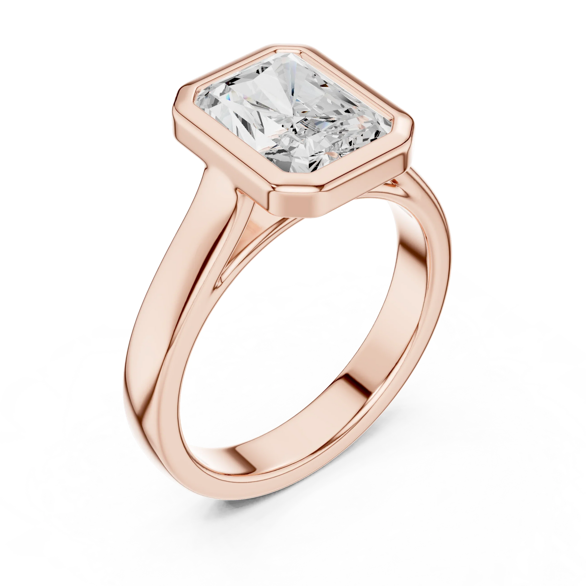 Front view of rose gold radiant full bezel solitaire ring with wide flat band and lab-grown diamond – Australia