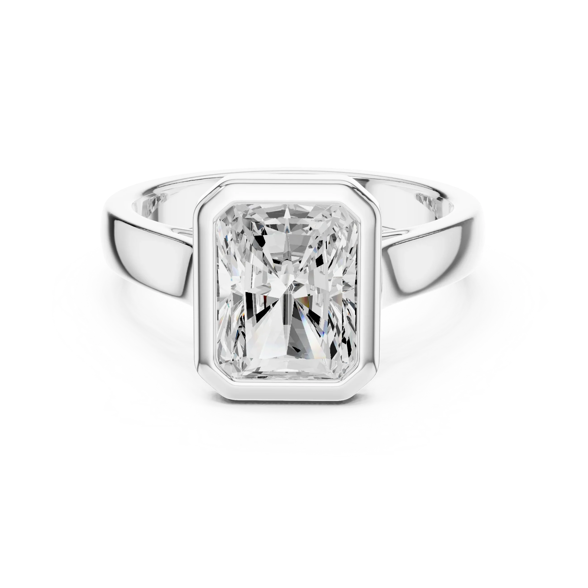 Radiant full bezel solitaire ring in white gold with wide flat band and lab-grown diamond – Australia