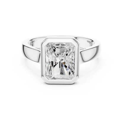 Radiant full bezel solitaire ring in white gold with wide flat band and lab-grown diamond – Australia