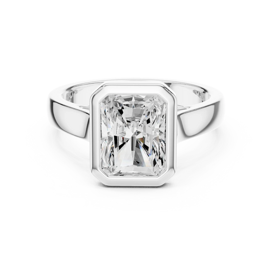 Radiant full bezel solitaire ring in white gold with wide flat band and lab-grown diamond – Australia
