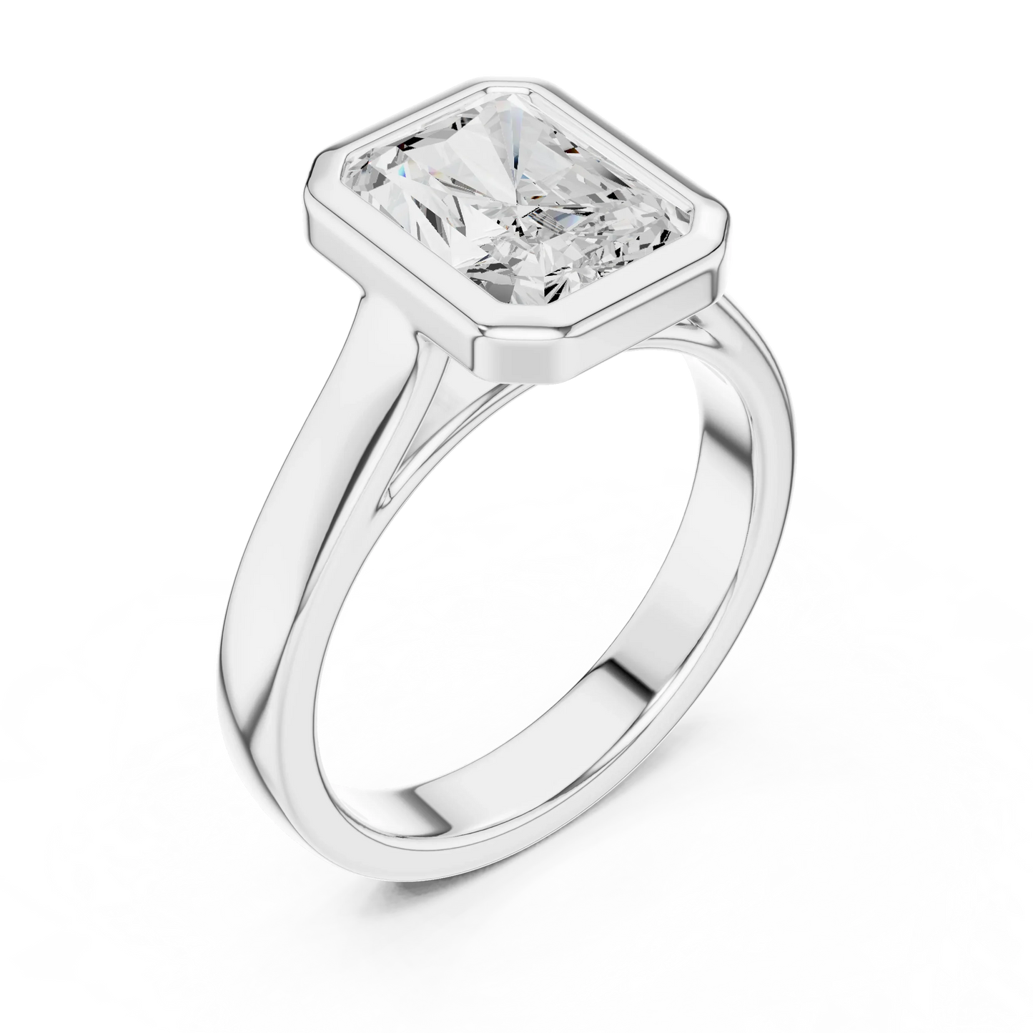 Front view of white gold radiant full bezel solitaire ring with wide flat band and lab-grown diamond – Australia