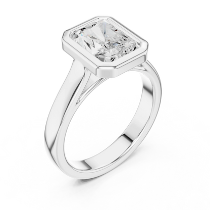 Front view of white gold radiant full bezel solitaire ring with wide flat band and lab-grown diamond – Australia