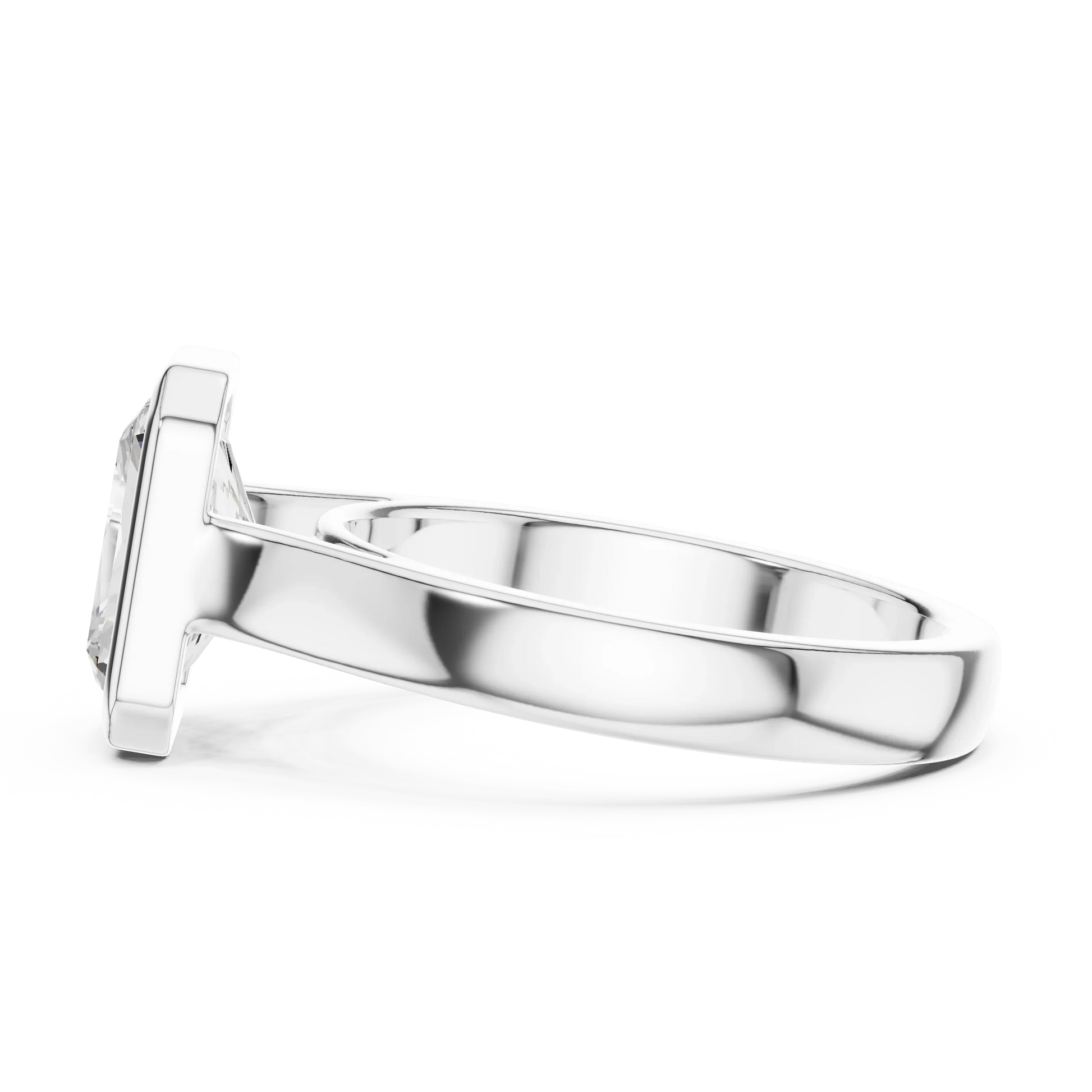 Side view of white gold radiant full bezel solitaire ring with wide flat band and lab-grown diamond – Australia