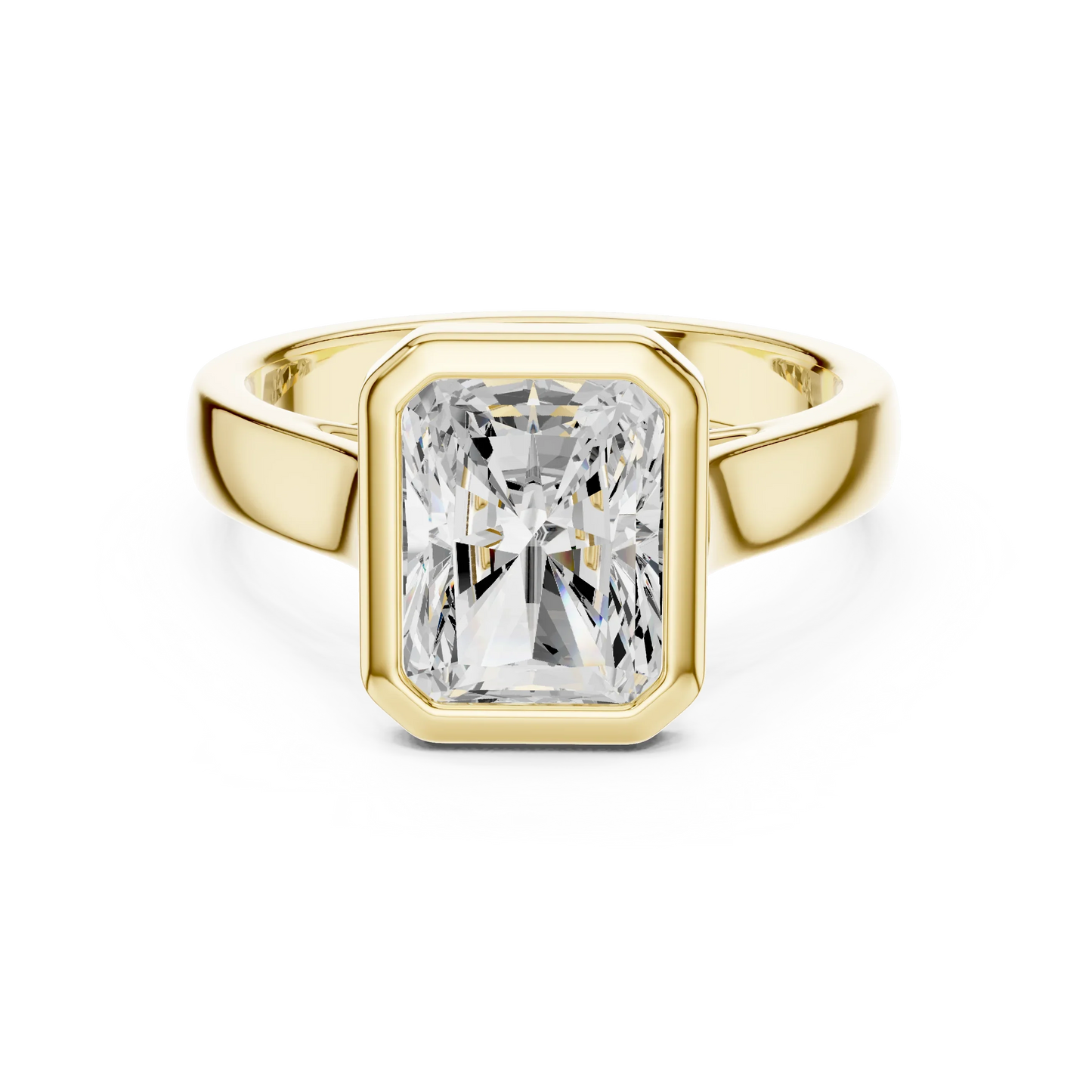 Radiant full bezel solitaire ring in yellow gold with wide flat band and lab-grown diamond – Australia