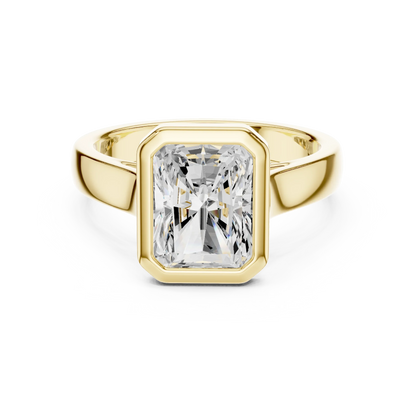 Radiant full bezel solitaire ring in yellow gold with wide flat band and lab-grown diamond – Australia