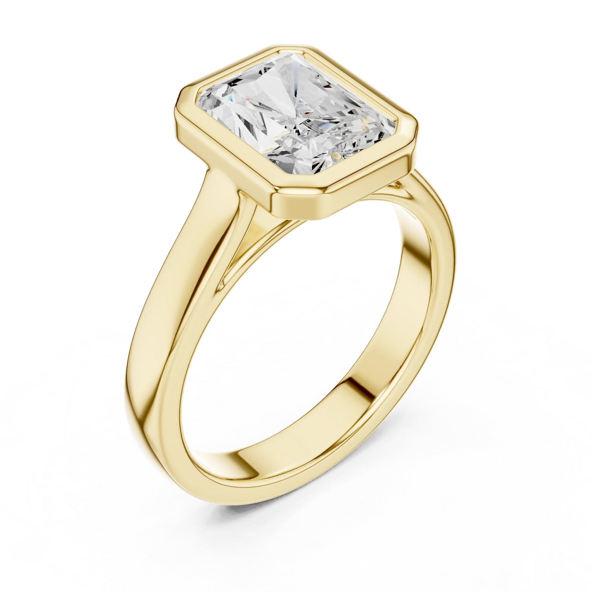 Front view of yellow gold radiant full bezel solitaire ring with wide flat band and lab-grown diamond – Australia