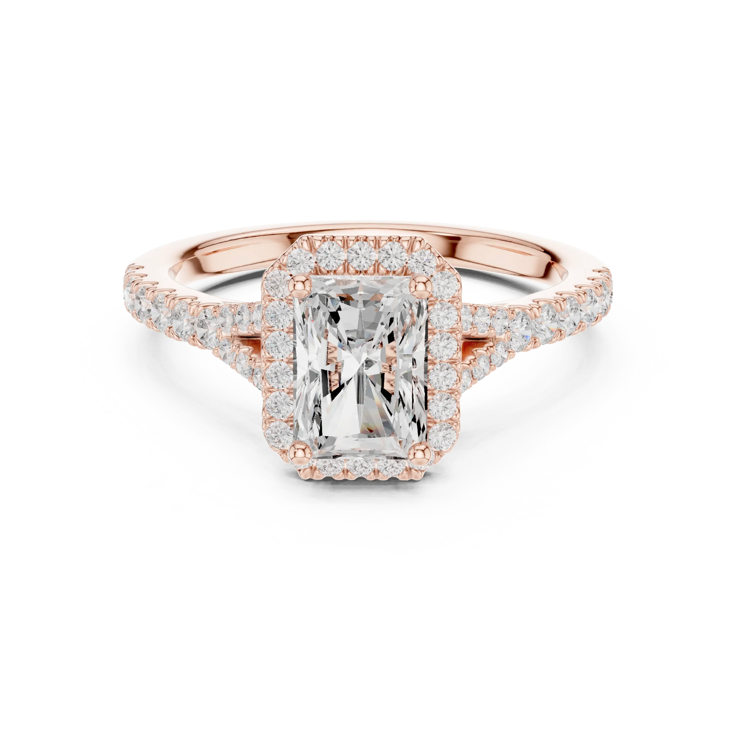 Lab-grown radiant halo diamond ring in rose gold with pav茅 split shank band