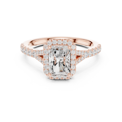 Lab-grown radiant halo diamond ring in rose gold with pav茅 split shank band