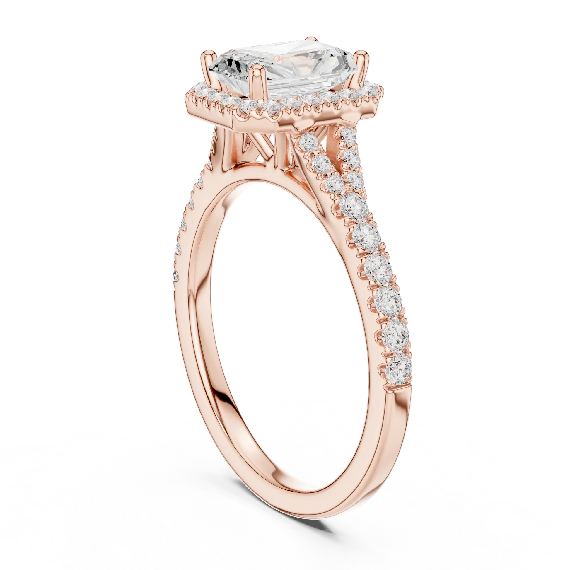 Back side view of rose gold radiant halo ring showing pav茅 split shank band and setting details