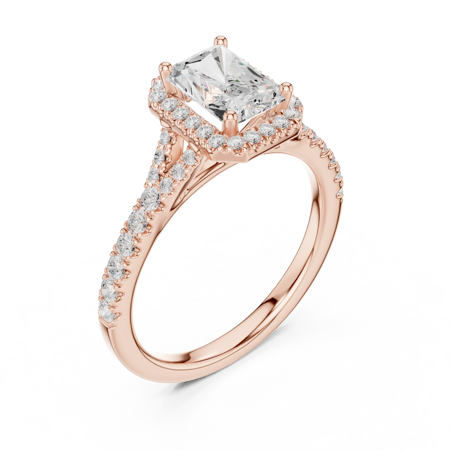 Front view of rose gold radiant halo ring with pav茅 split shank band and center diamond