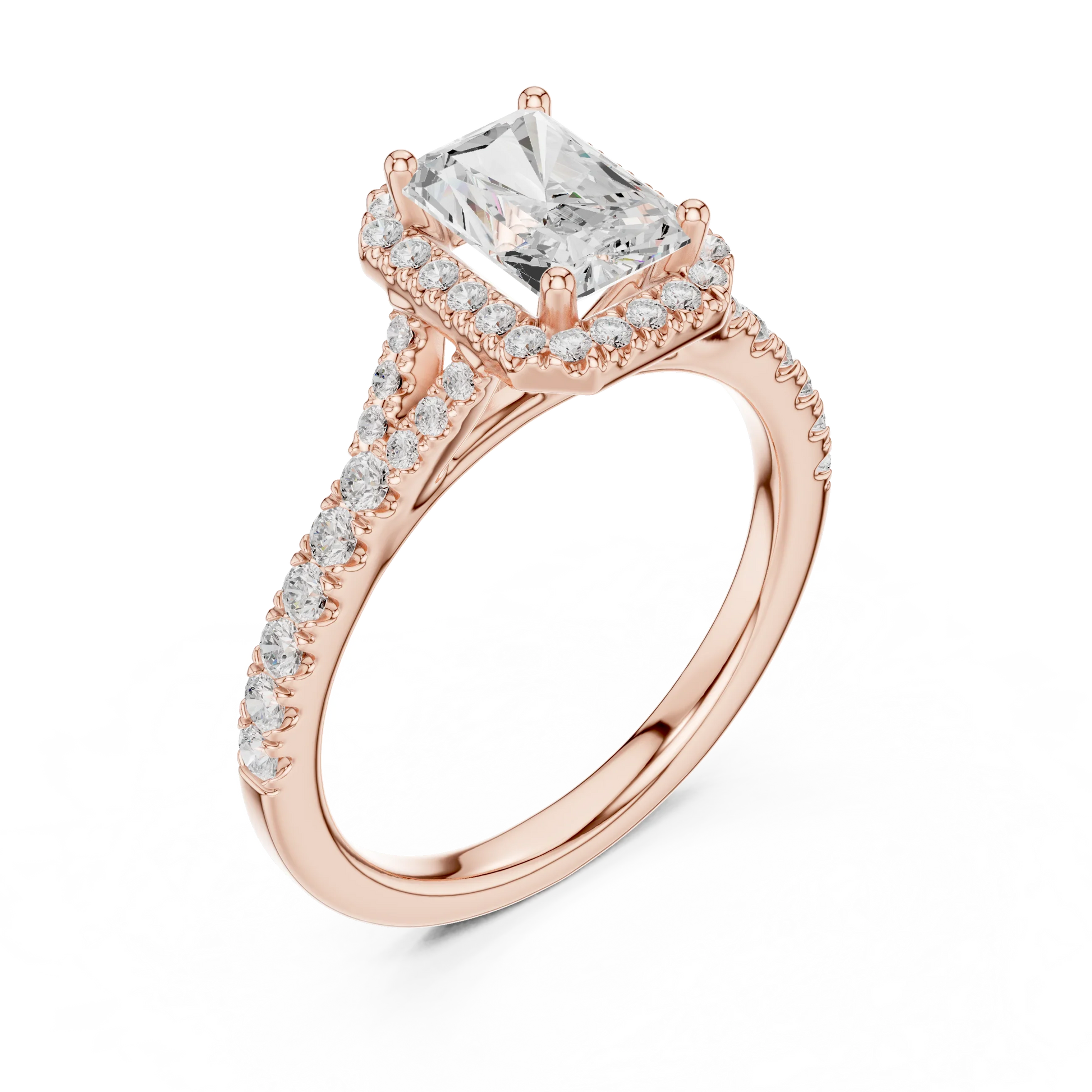 Front view of rose gold radiant halo ring with pav茅 split shank band and center diamond
