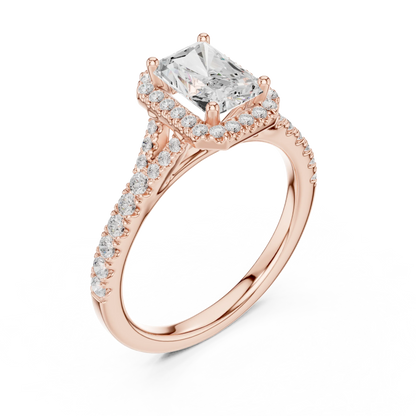 Front view of rose gold radiant halo ring with pav茅 split shank band and center diamond