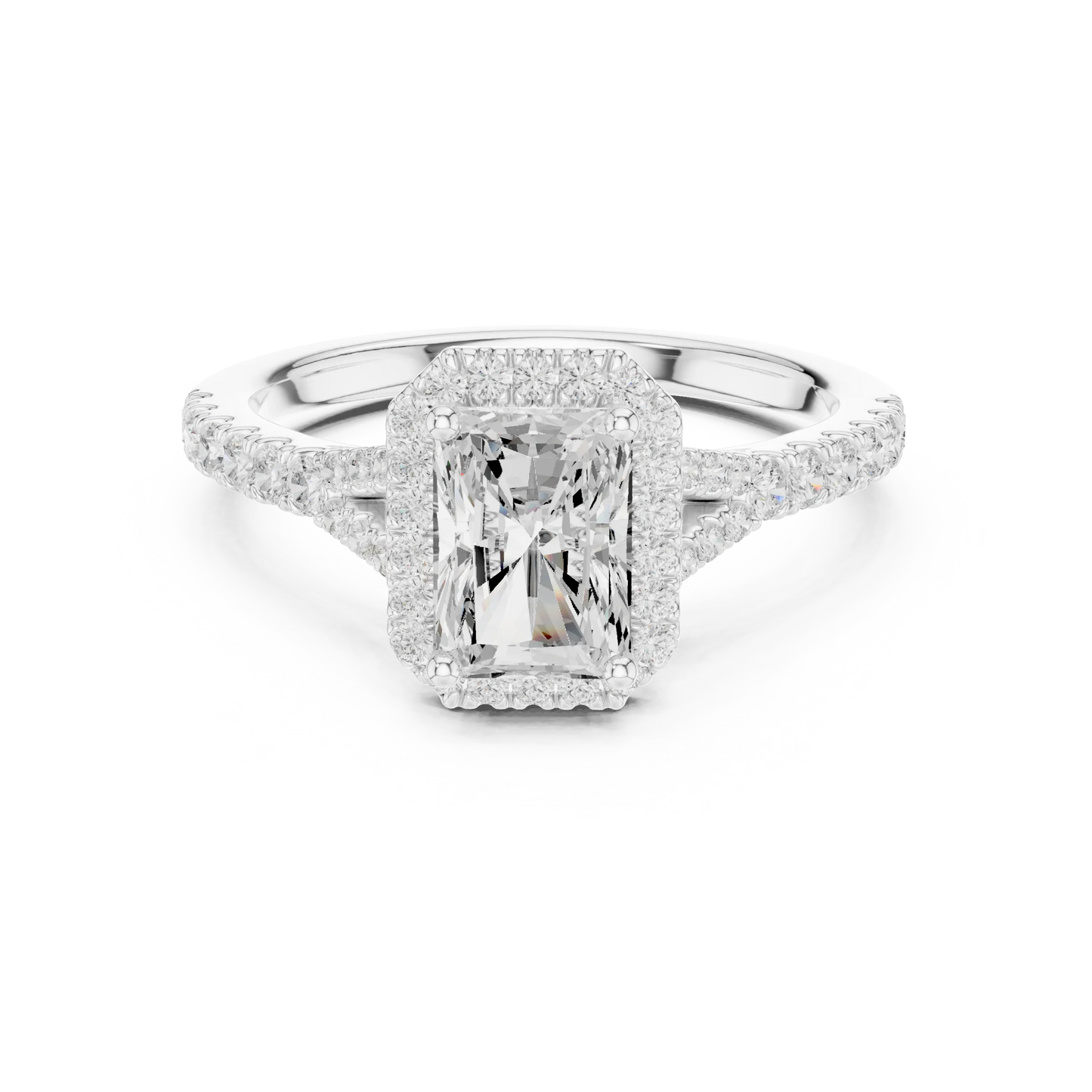 Lab-grown radiant halo diamond ring in white gold with pav茅 split shank band