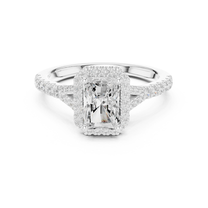 Lab-grown radiant halo diamond ring in white gold with pav茅 split shank band