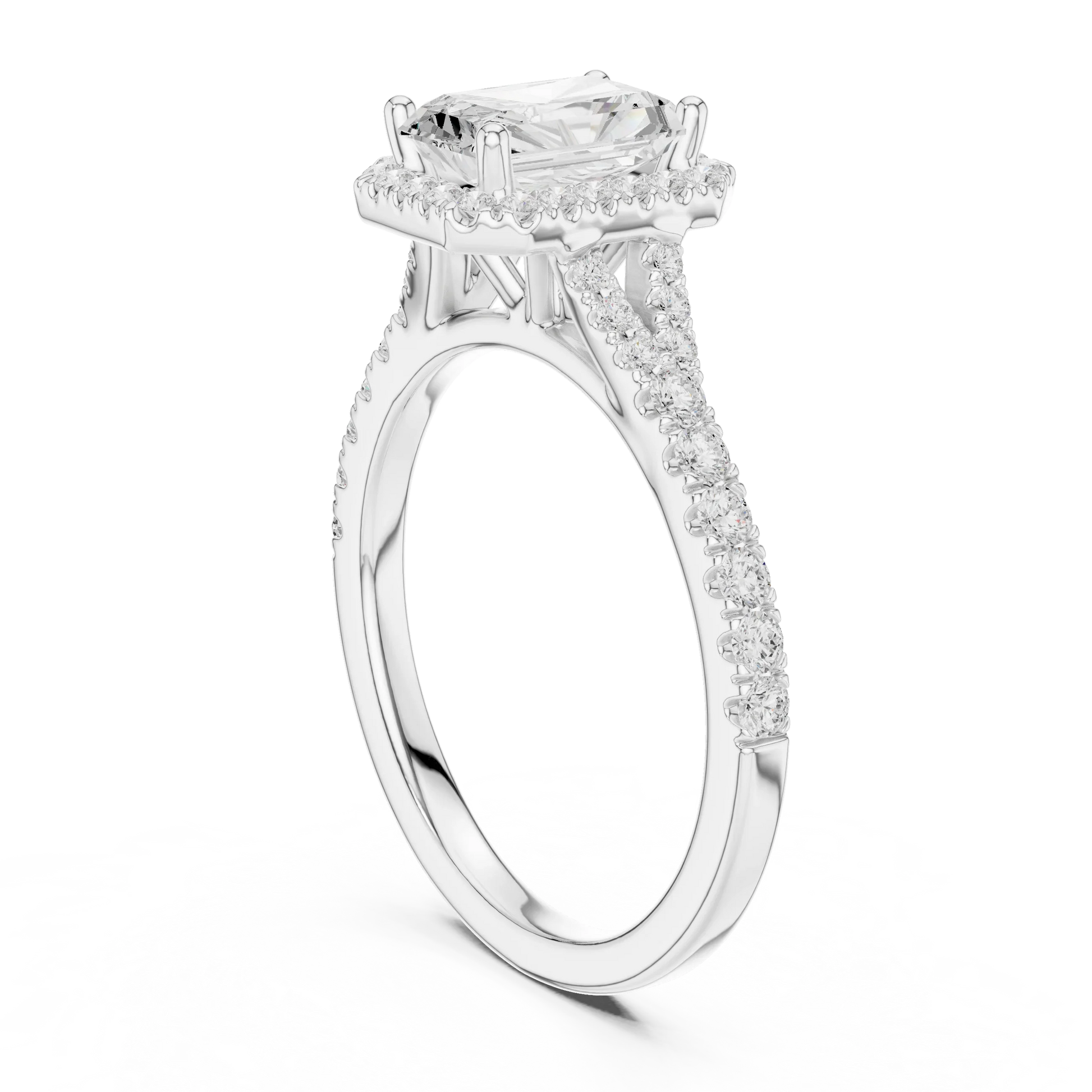 Back side view of white gold radiant halo ring showing pav茅 split shank band and setting details