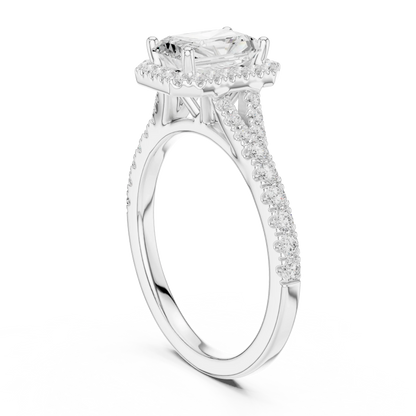 Back side view of white gold radiant halo ring showing pav茅 split shank band and setting details