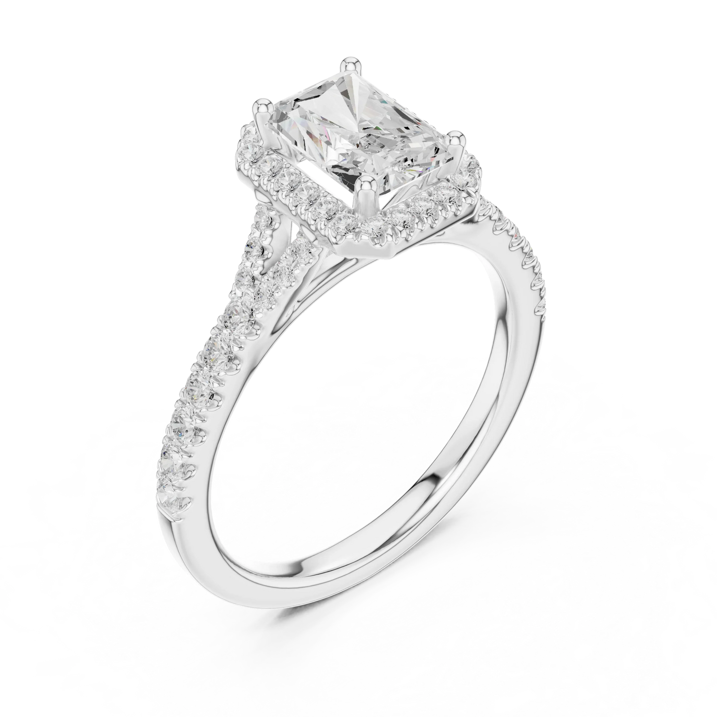 Front view of white gold radiant halo ring with pav茅 split shank band and center diamond