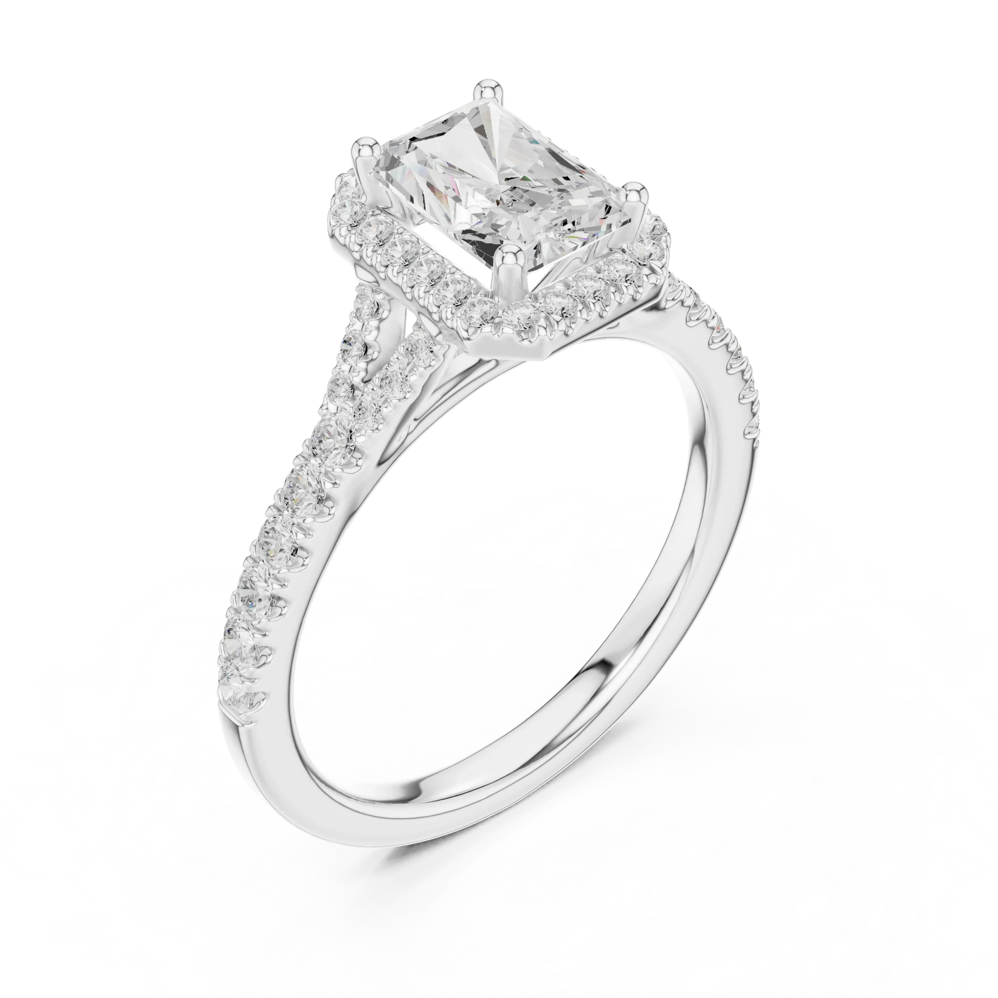 Front view of white gold radiant halo ring with pav茅 split shank band and center diamond