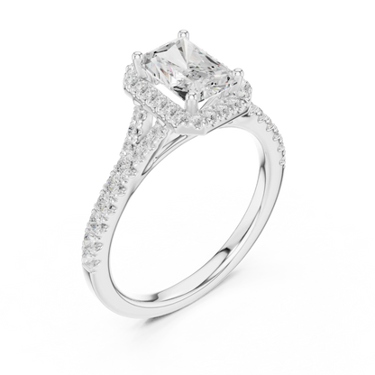 Front view of white gold radiant halo ring with pav茅 split shank band and center diamond