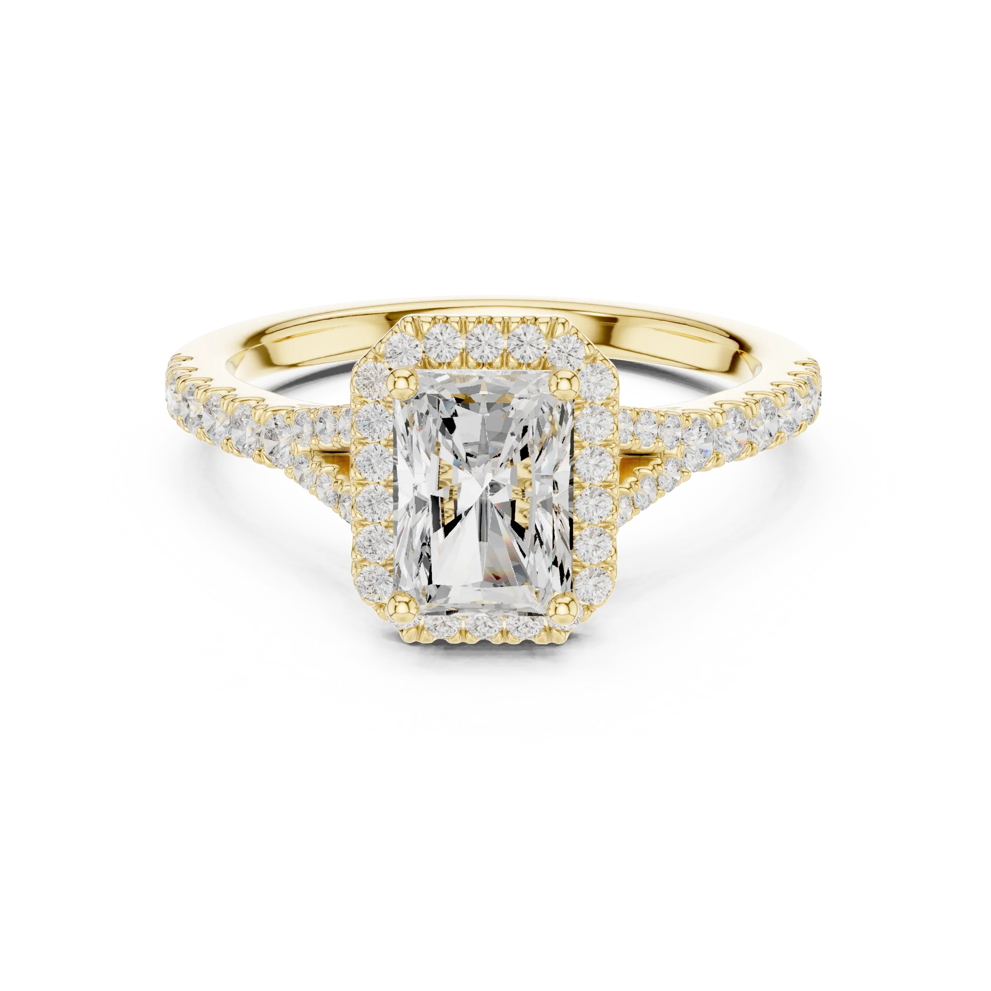 Lab-grown radiant halo diamond ring in yellow gold with pav茅 split shank band