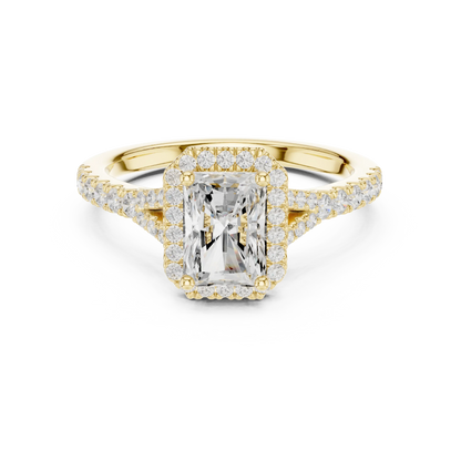 Lab-grown radiant halo diamond ring in yellow gold with pav茅 split shank band
