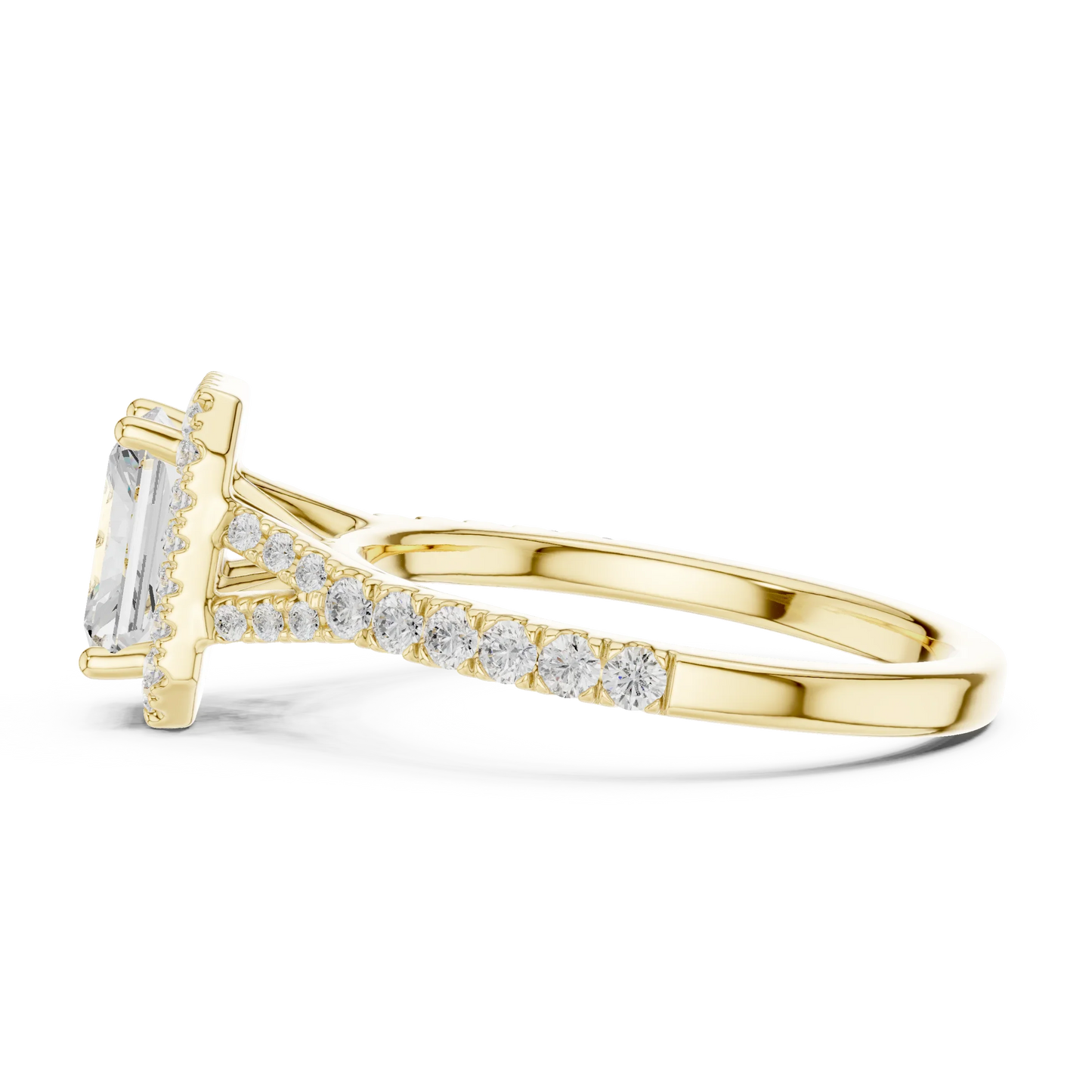 Side view of yellow gold radiant halo ring with pav茅 split shank band and halo setting