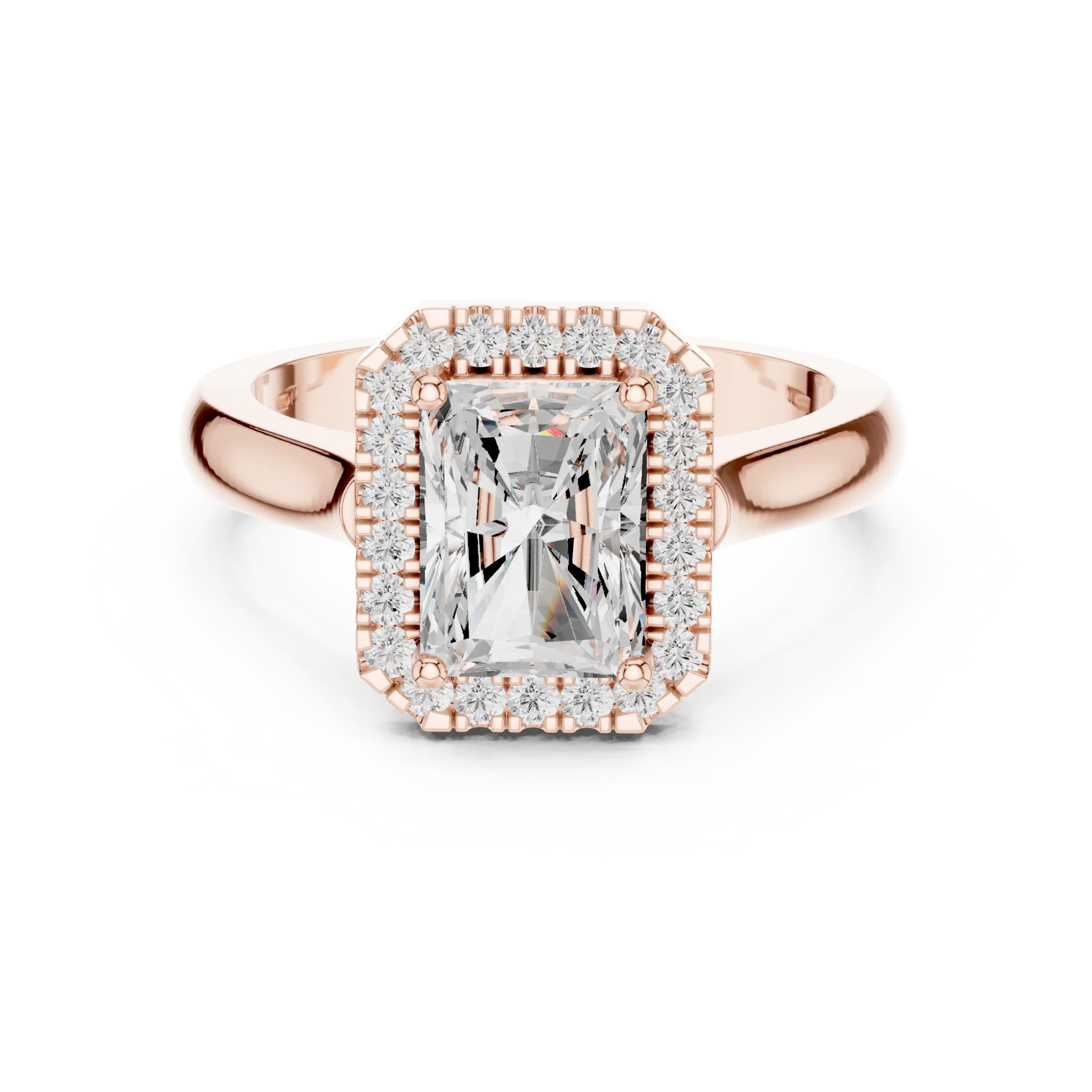 Radiant cut halo ring with lab-grown diamond in rose gold with modern romantic finish