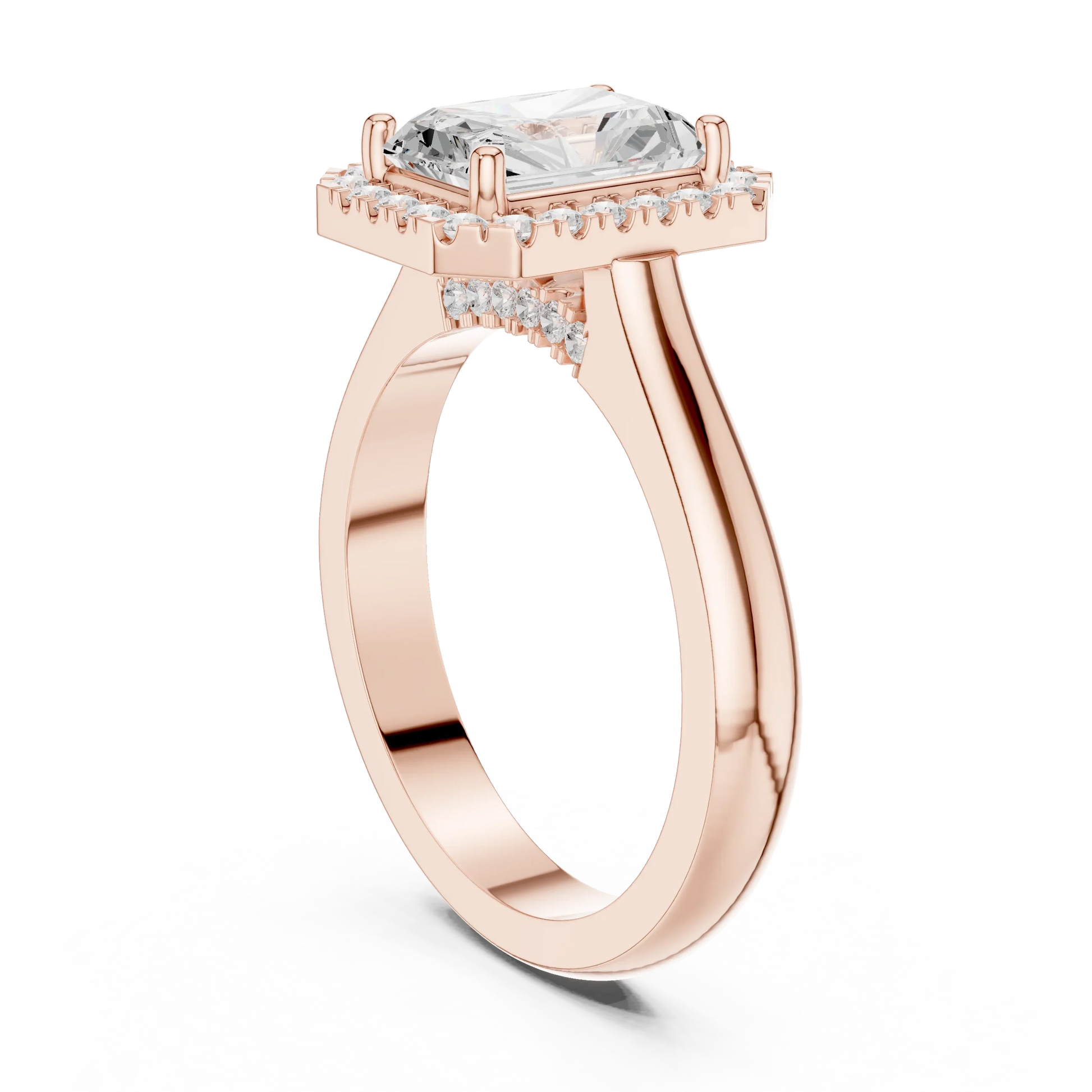 Back view of rose gold radiant halo ring with lab-grown diamond and polished band
