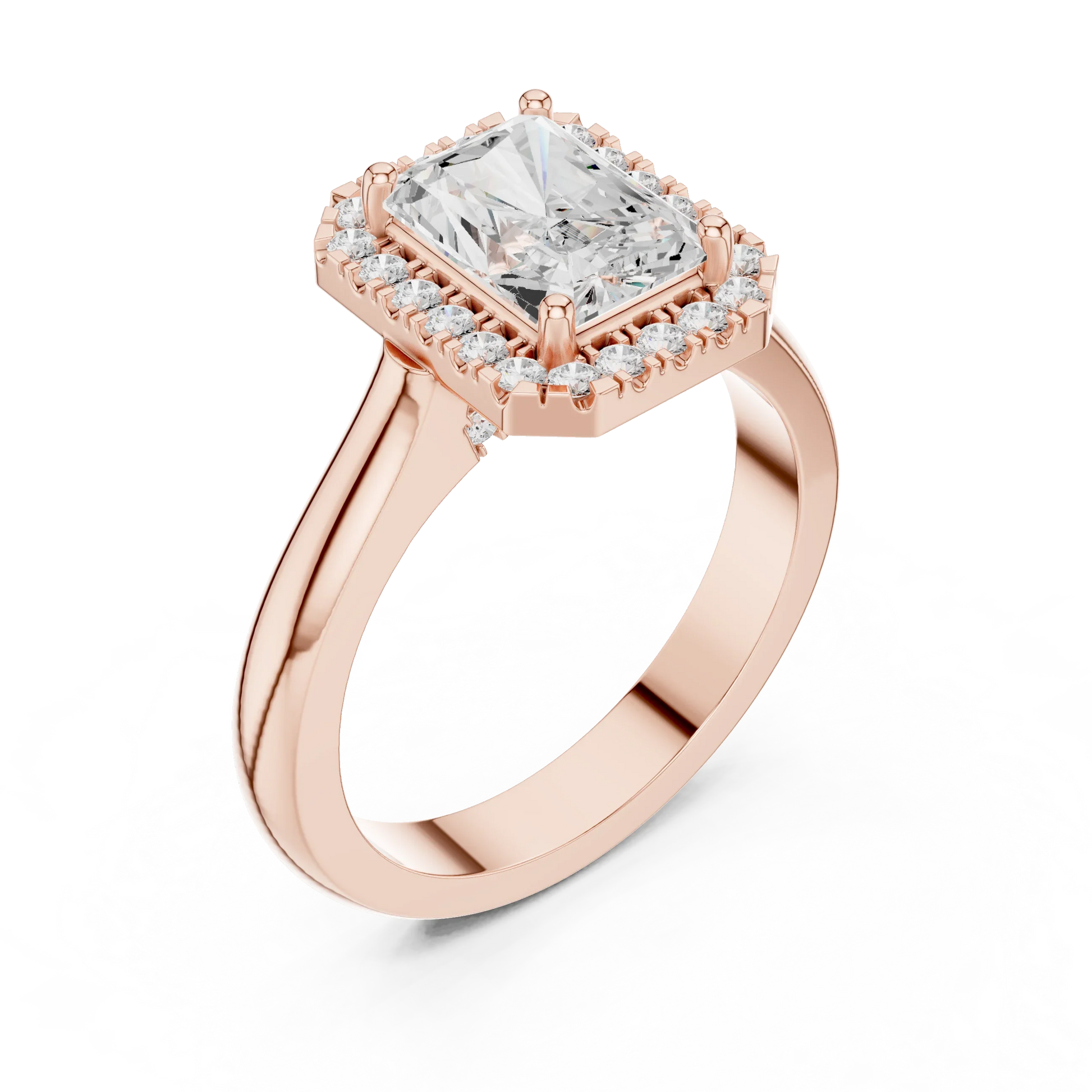 Front view of rose gold radiant halo ring featuring lab-grown diamond with halo setting