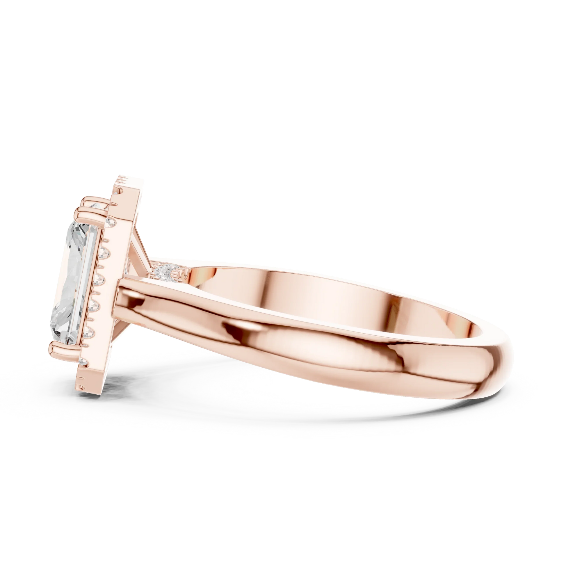 Side view of rose gold radiant halo ring highlighting diamond setting and band profile