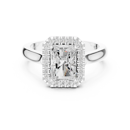 Radiant cut halo ring with lab-grown diamond in white gold, elegant and timeless design, Australia collection