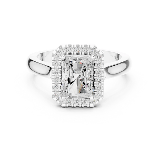 Radiant cut halo ring with lab-grown diamond in white gold, elegant and timeless design, Australia collection